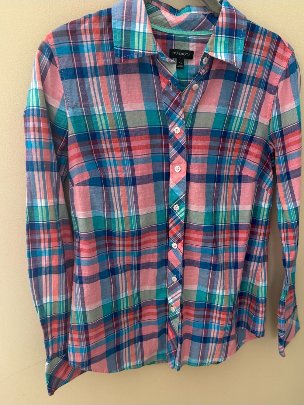 Talbots Pastel Madras Plaid Lightweight Cotton Button Front Shirt Size XS